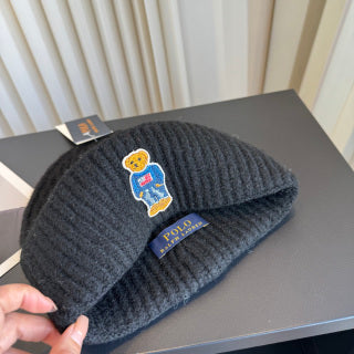 Ralph Lauren Hat Black Ribbed Knit Beanie with Front Polo Bear Patch