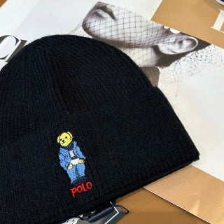 Ralph Lauren Hat Black Ribbed Polo Bear Knit Beanie